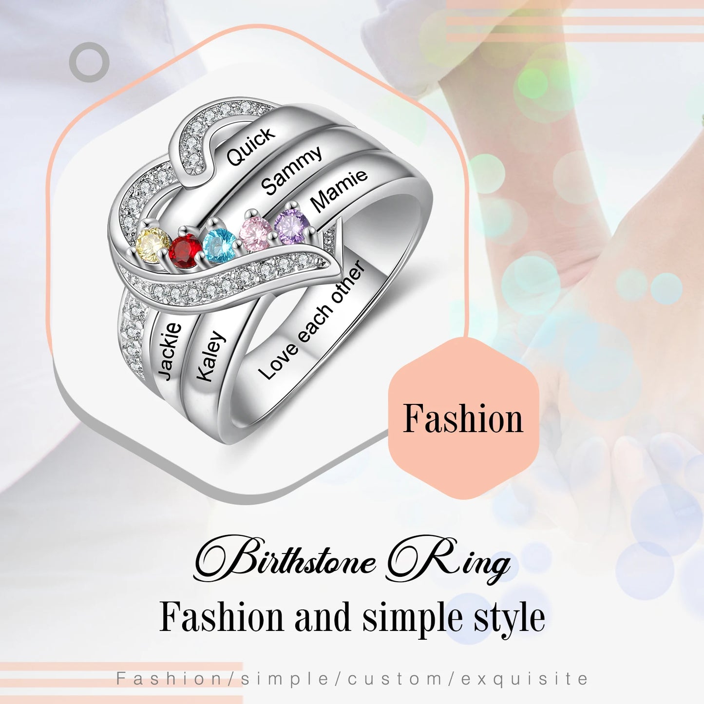 Custom 925 Sterling Silver Personalized 1-8 Name Engraved Ring with Birthstone.