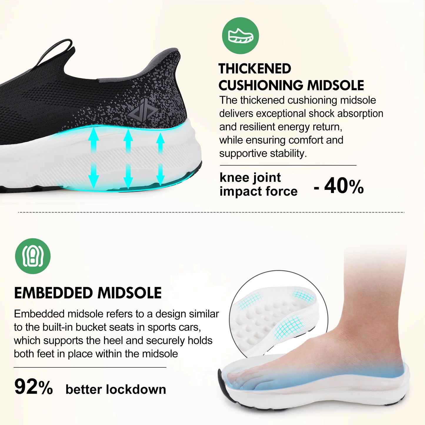 Men's Slip in Free up Hands Shoes, Wide Toe Box & Arch Support.