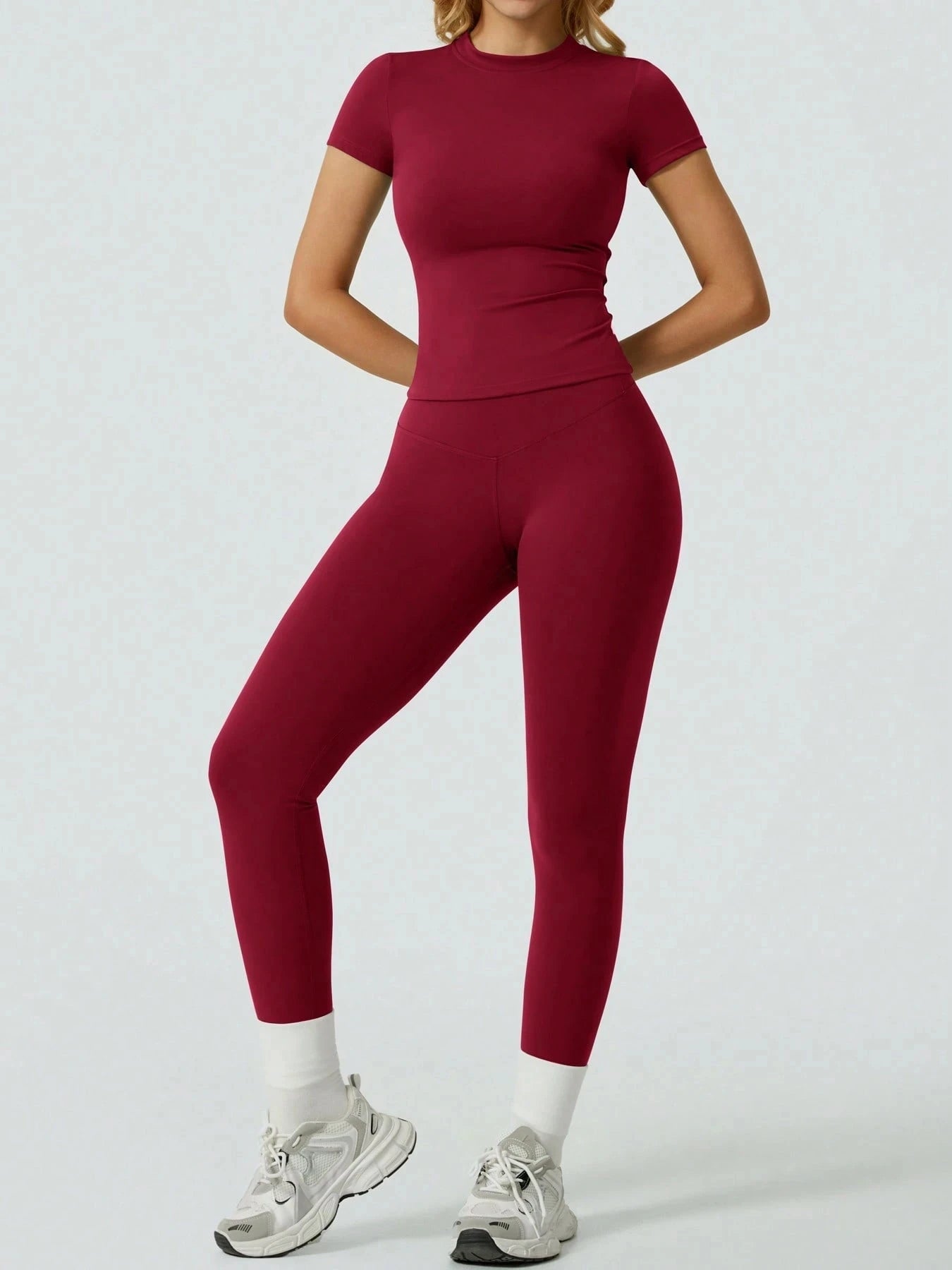 Two  Piece Yoga Set, Short Sleeve Top & High Waist Leggings For Women.