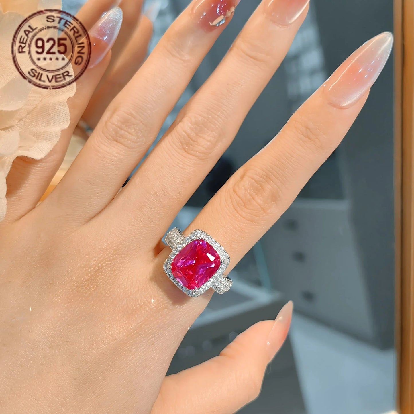 Luxury 925 Silver Princess Cut Ruby Zircon Ring For Women .