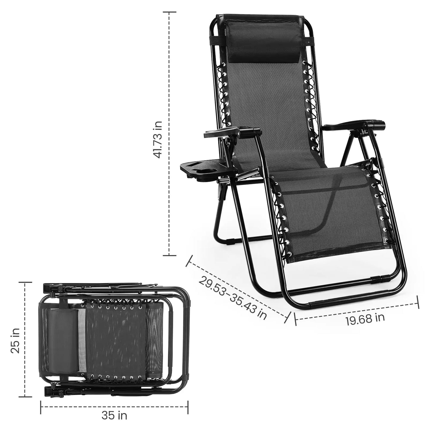 JHK Zero Gravity Set of 2 Portable Recliner Camping, Patio, Outdoor Chairs with Cup Holder Trays & Adjustable Pillow.