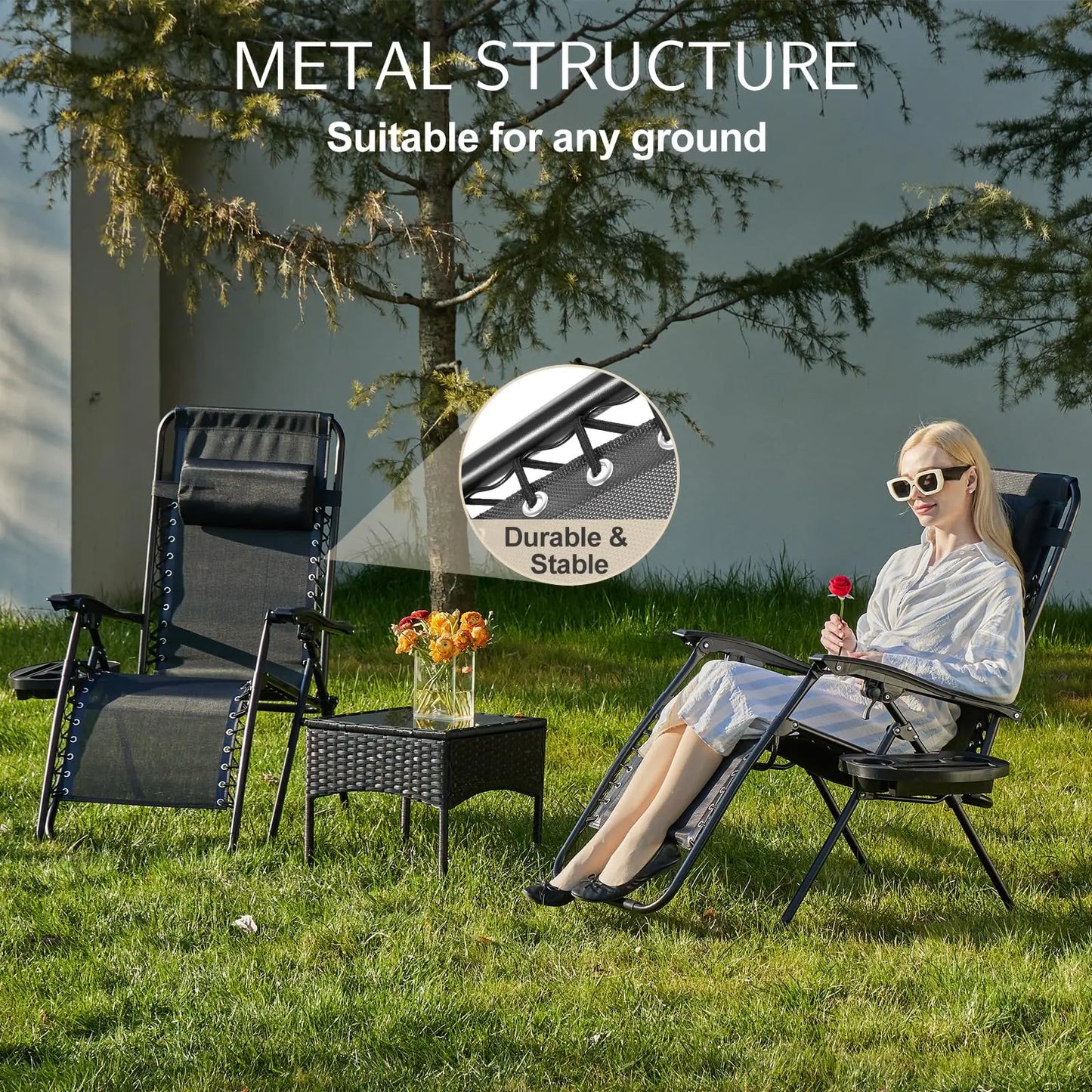 JHK Zero Gravity Set of 2 Portable Recliner Camping, Patio, Outdoor Chairs with Cup Holder Trays & Adjustable Pillow.