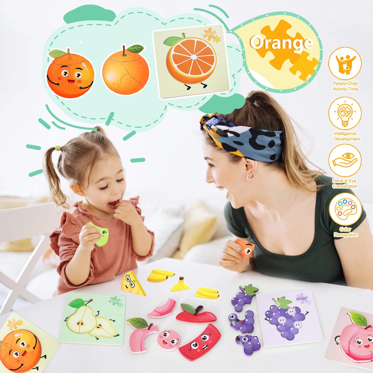 Six -piece fruit wooden two-sided jigsaw puzzle for toddlers.