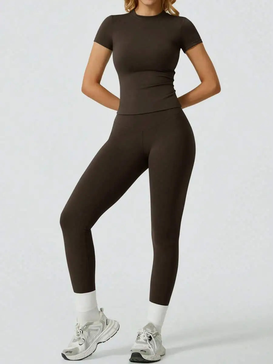 Two  Piece Yoga Set, Short Sleeve Top & High Waist Leggings For Women.