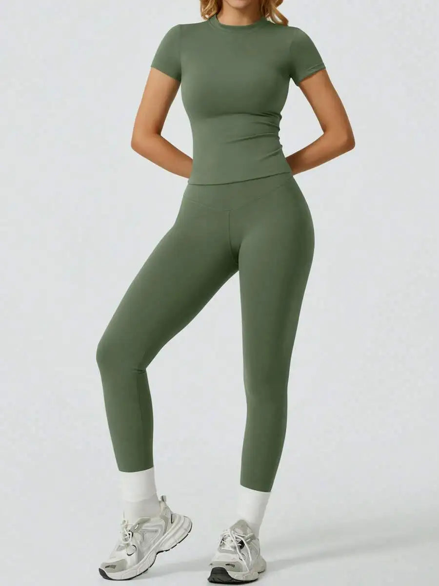 Two  Piece Yoga Set, Short Sleeve Top & High Waist Leggings For Women.