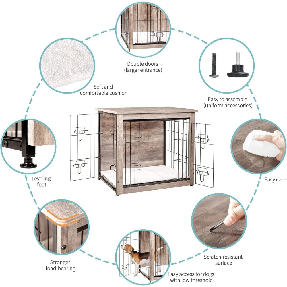 Double Door Dog Crate with Cushion & Wooden Kennel Table .