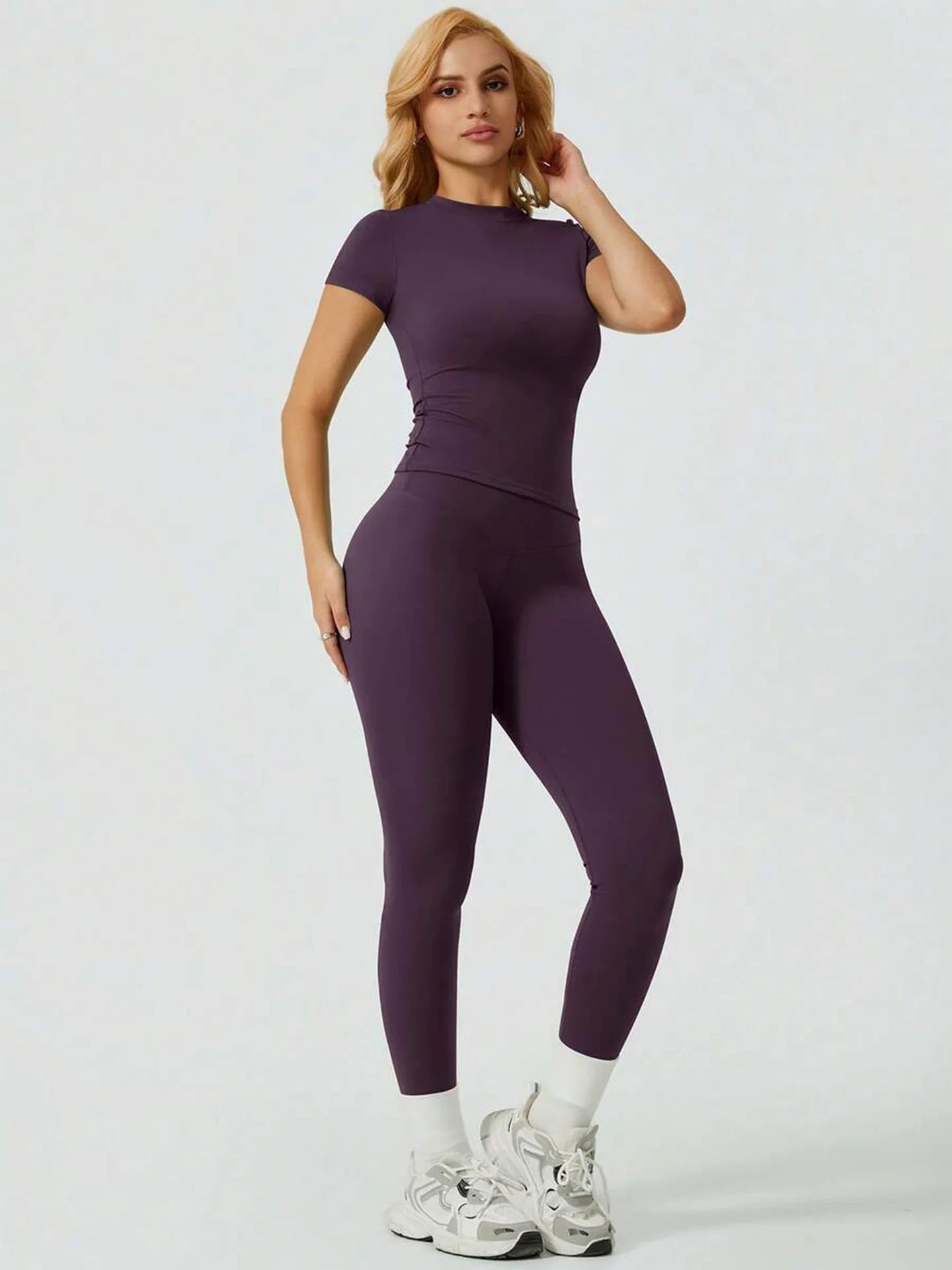 Two  Piece Yoga Set, Short Sleeve Top & High Waist Leggings For Women.