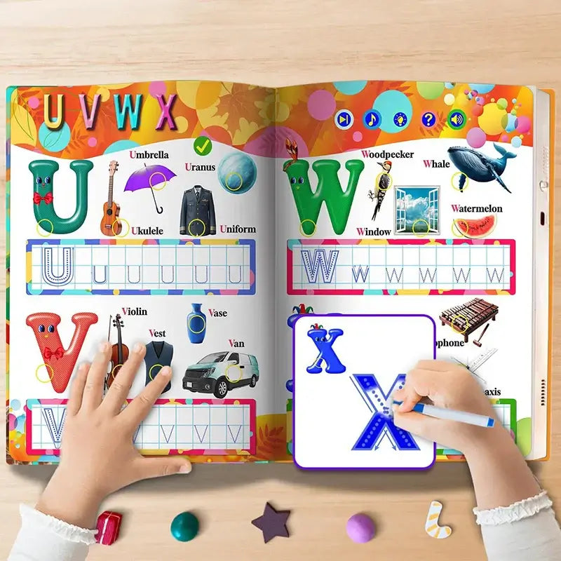 Preschool Reusable English Sound Book With Alphabet open to pages U, V, W, X showcasing letters and illustrations for kids.