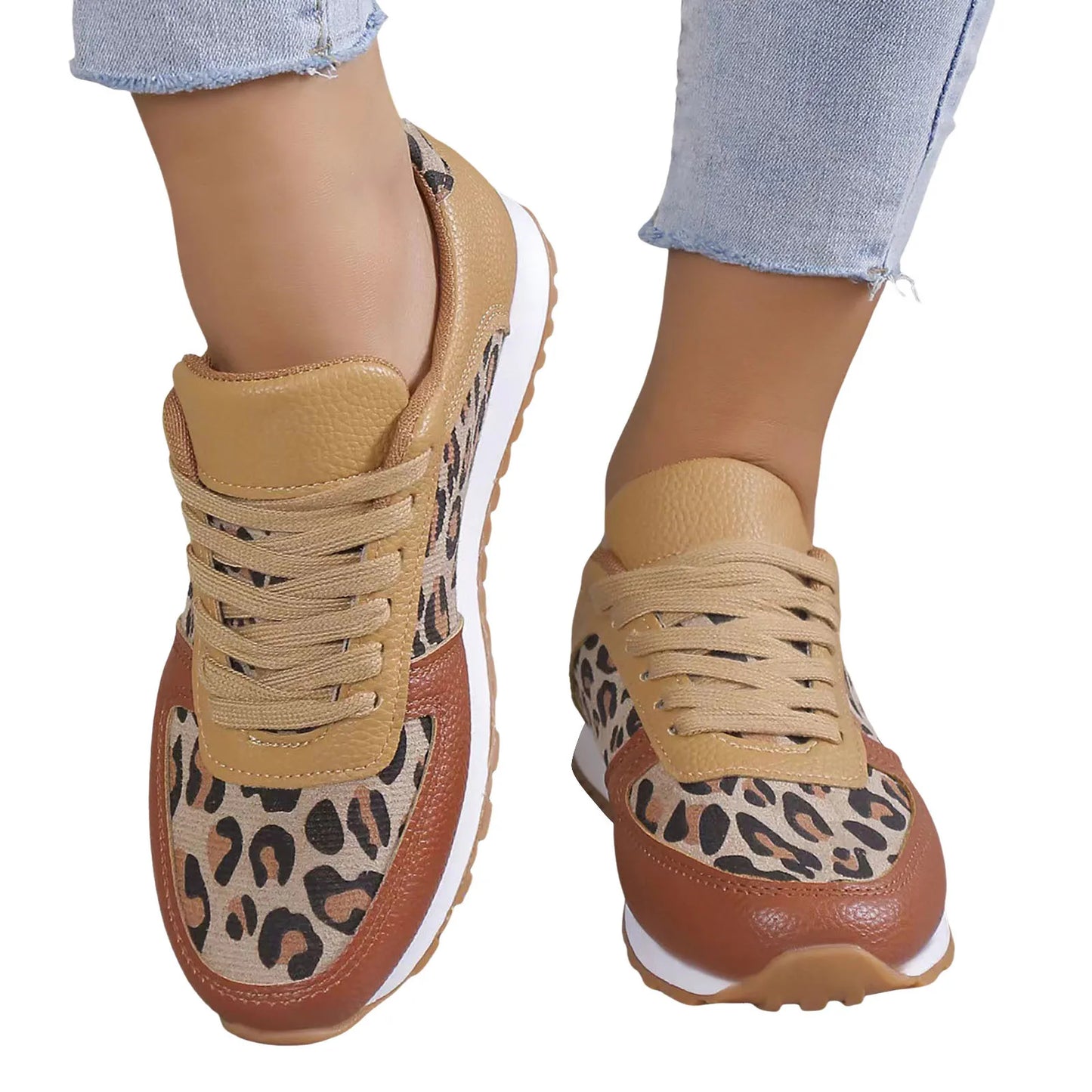 Thick Bottom  Leopard Print & Lace Up Casual Sneakers  For Women.