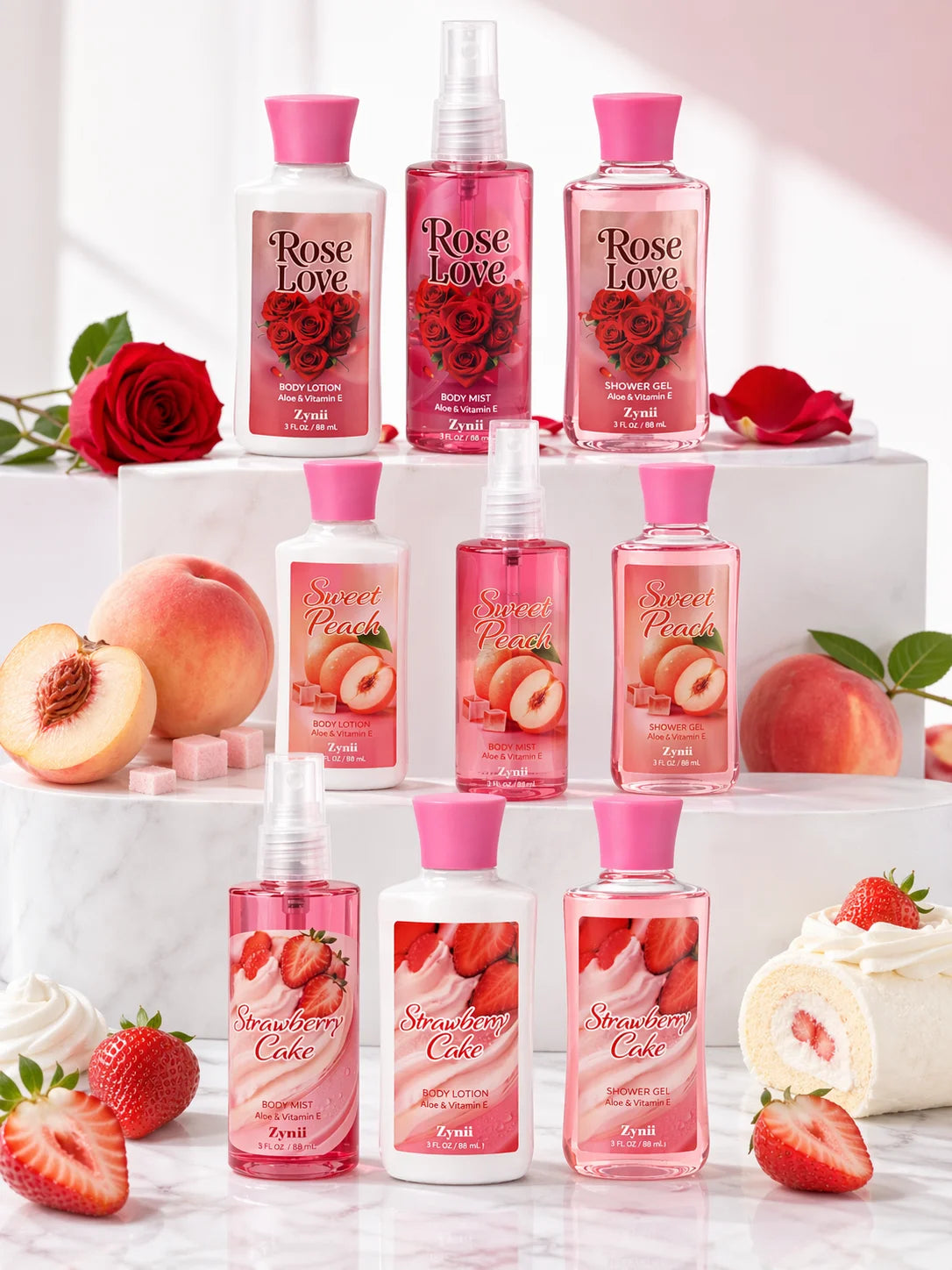 ZYNII Strawberry Cake, Peach And Rose Bath Set.