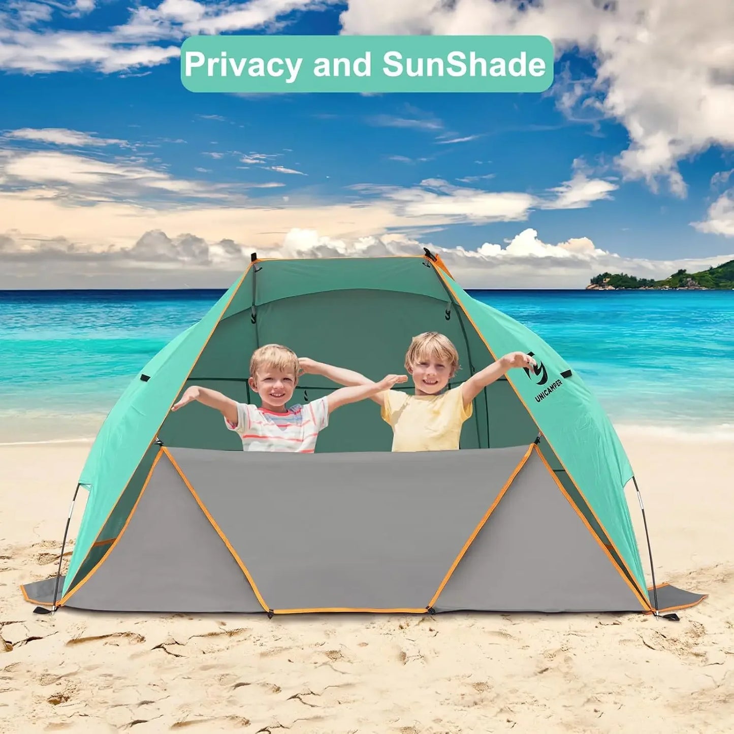 Beach Tent 3 Person Sun Shelter UPF 50+ with Extended Waterproof Pe Floor & 3 Windows.
