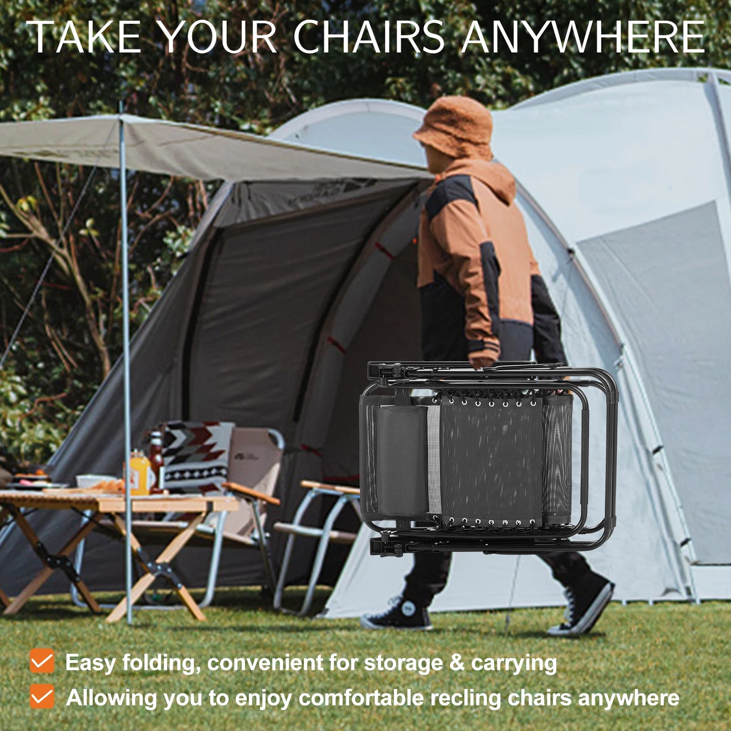 JHK Zero Gravity Set of 2 Portable Recliner Camping, Patio, Outdoor Chairs with Cup Holder Trays & Adjustable Pillow.