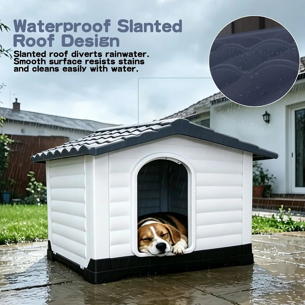Waterproof 2-Door Dog House, Grey With Elevated Base, For Indoor/Outdoor Use.