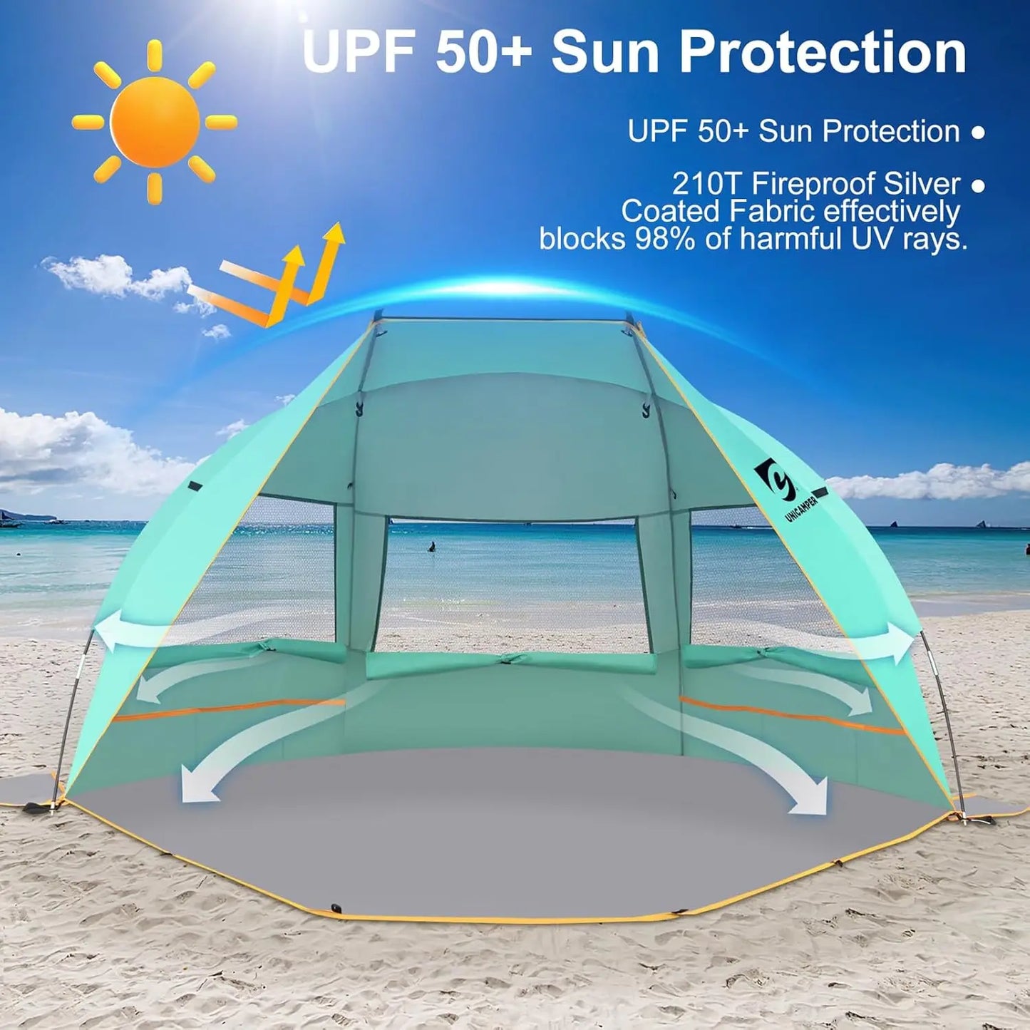 Beach Tent 3 Person Sun Shelter UPF 50+ with Extended Waterproof Pe Floor & 3 Windows.
