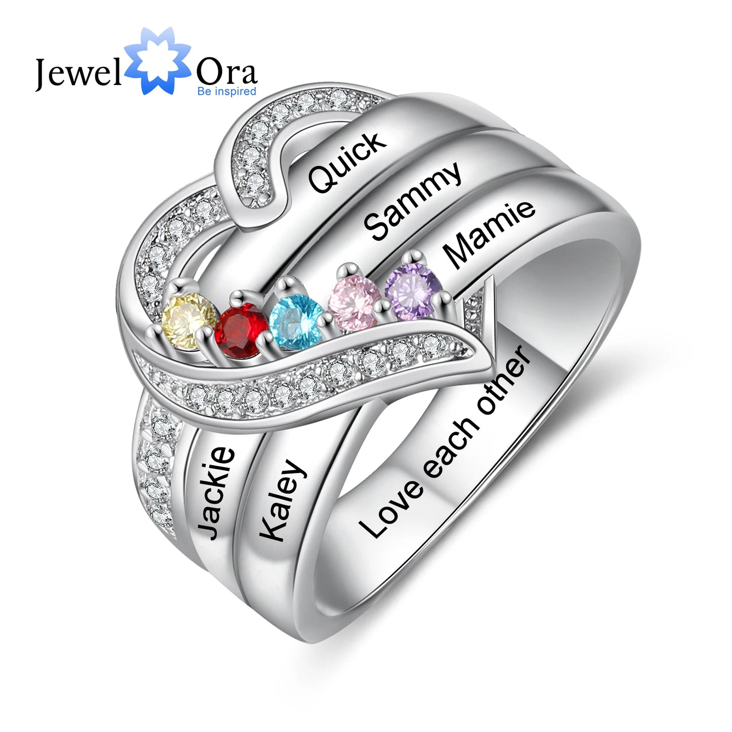 Custom 925 Sterling Silver Personalized 1-8 Name Engraved Ring with Birthstone.