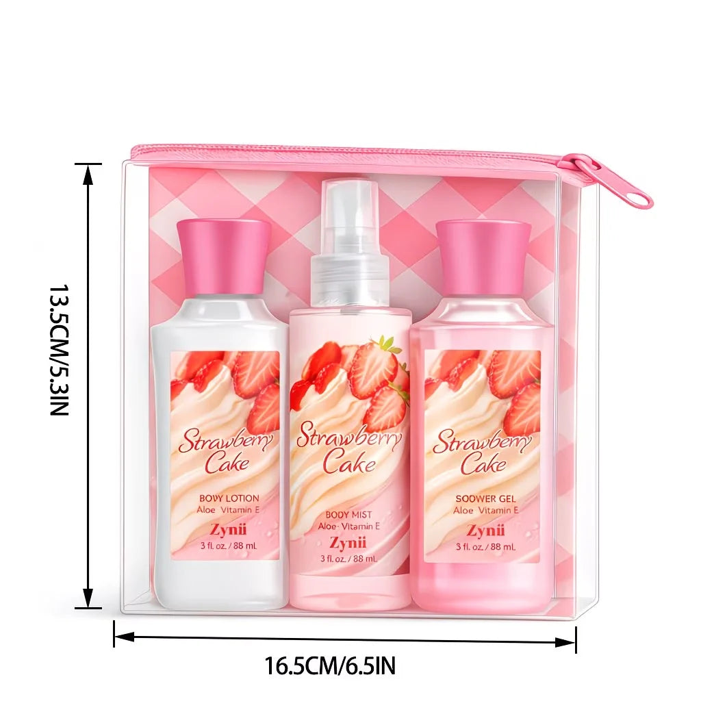 ZYNII Strawberry Cake, Peach And Rose Bath Set.