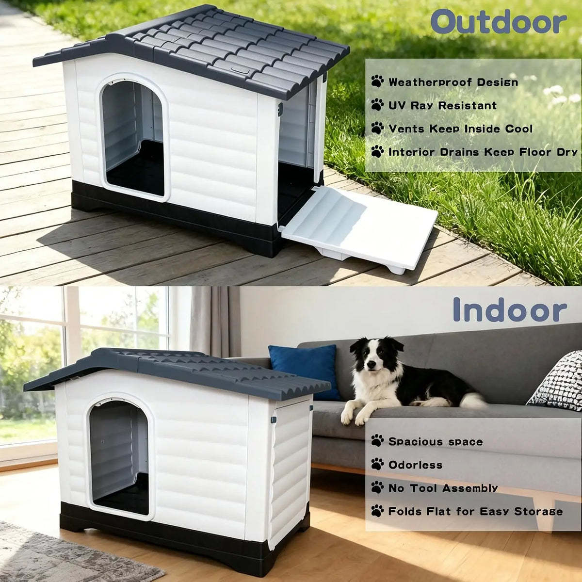 Waterproof 2-Door Dog House, Grey With Elevated Base, For Indoor/Outdoor Use.