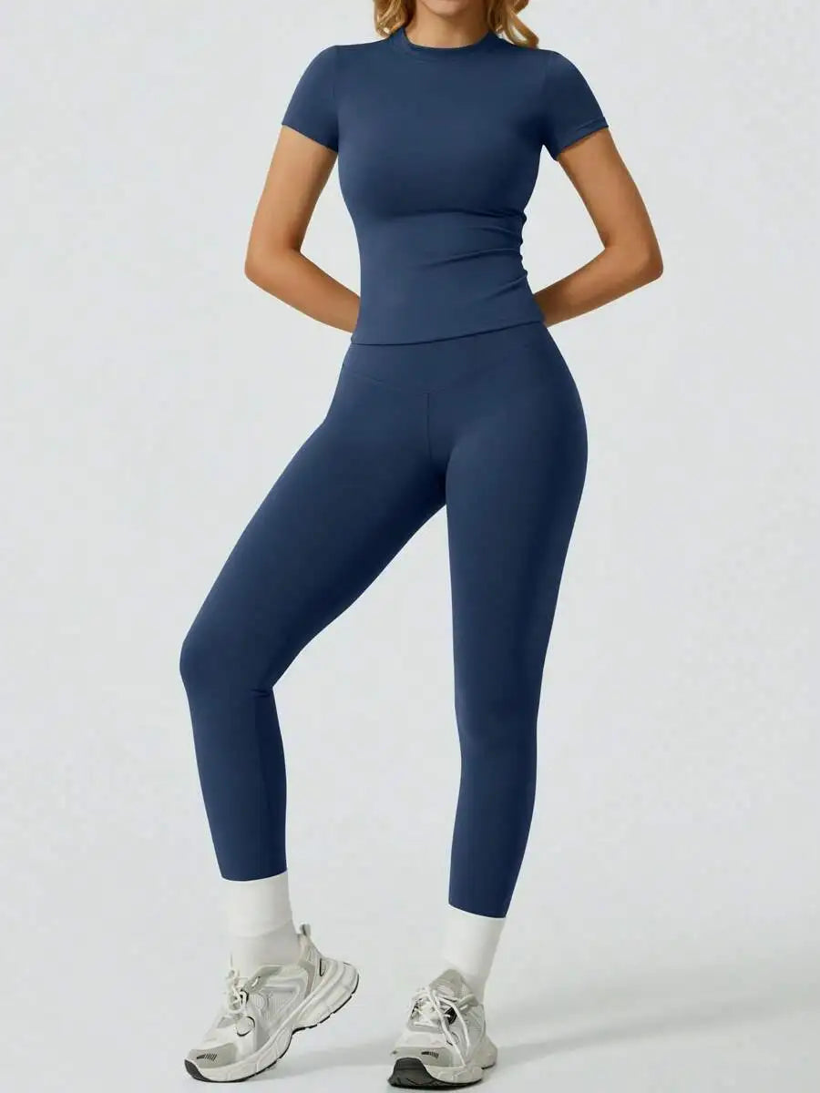 Two  Piece Yoga Set, Short Sleeve Top & High Waist Leggings For Women.