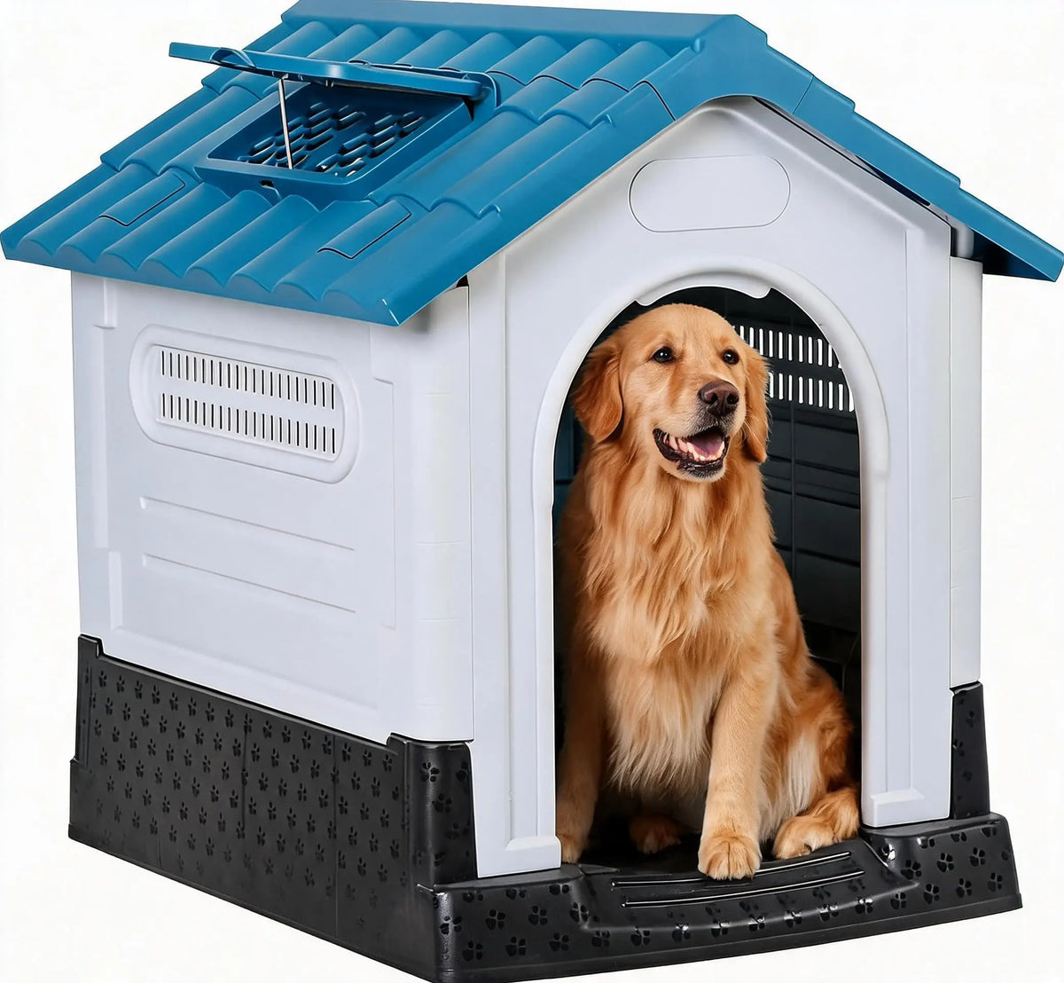 Waterproof 2-Door Dog House, Grey With Elevated Base, For Indoor/Outdoor Use.