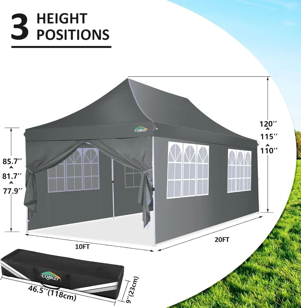 COBIZI 10x20ft Pop Up Canopy Tent with 6 Sidewalls, Waterproof UV50+, Adjustable Height &  Sandbags.