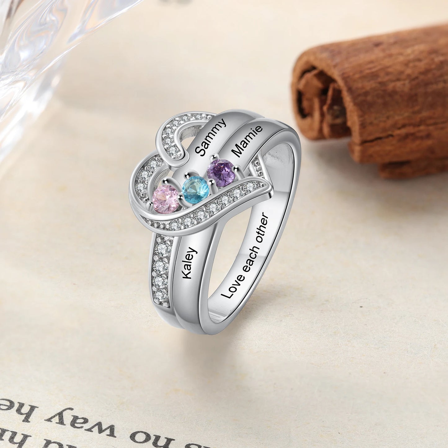 Custom 925 Sterling Silver Personalized 1-8 Name Engraved Ring with Birthstone.