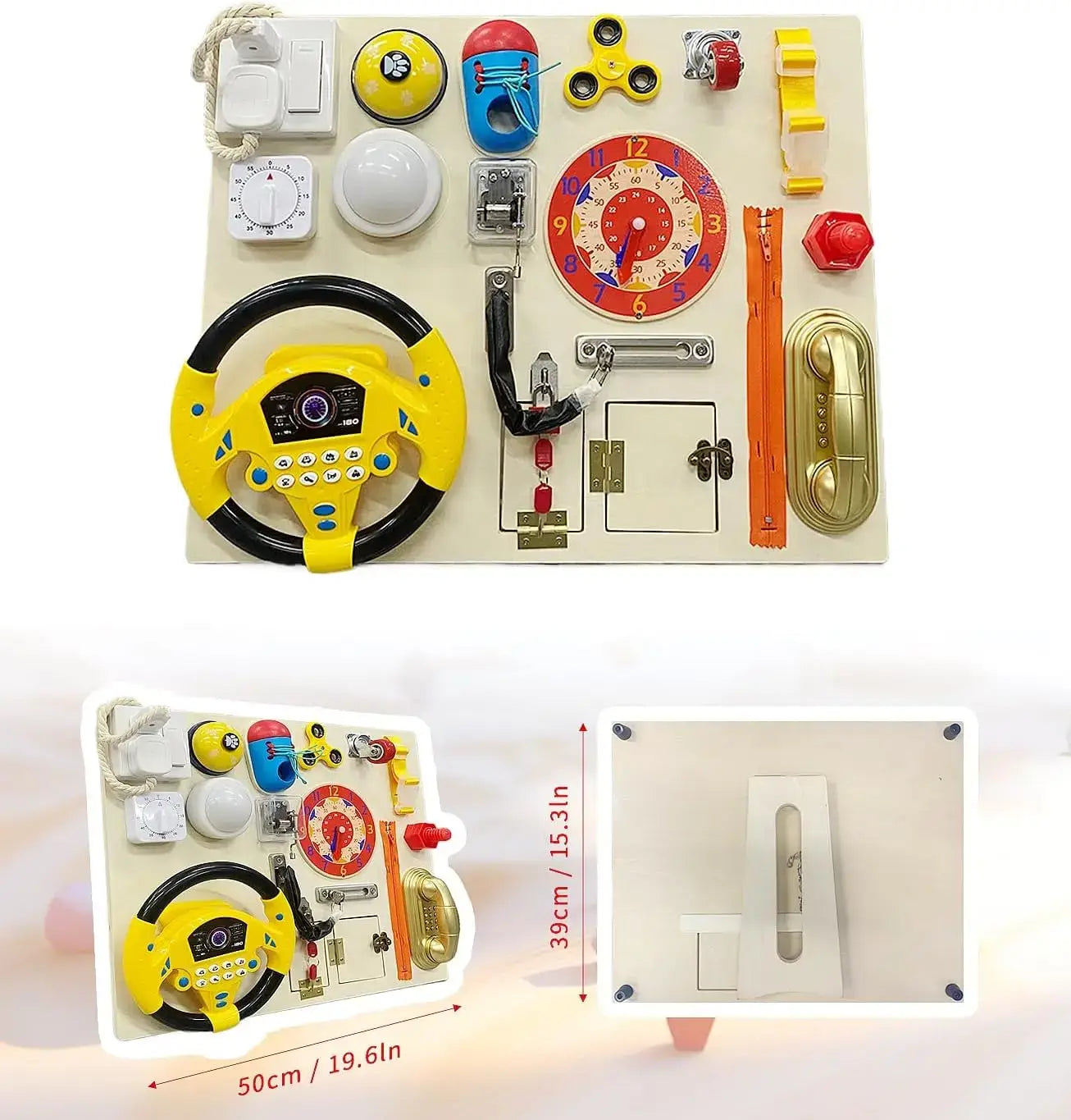 Montessori Wooden Activity Board for Toddlers featuring various sensory toys and interactive elements.