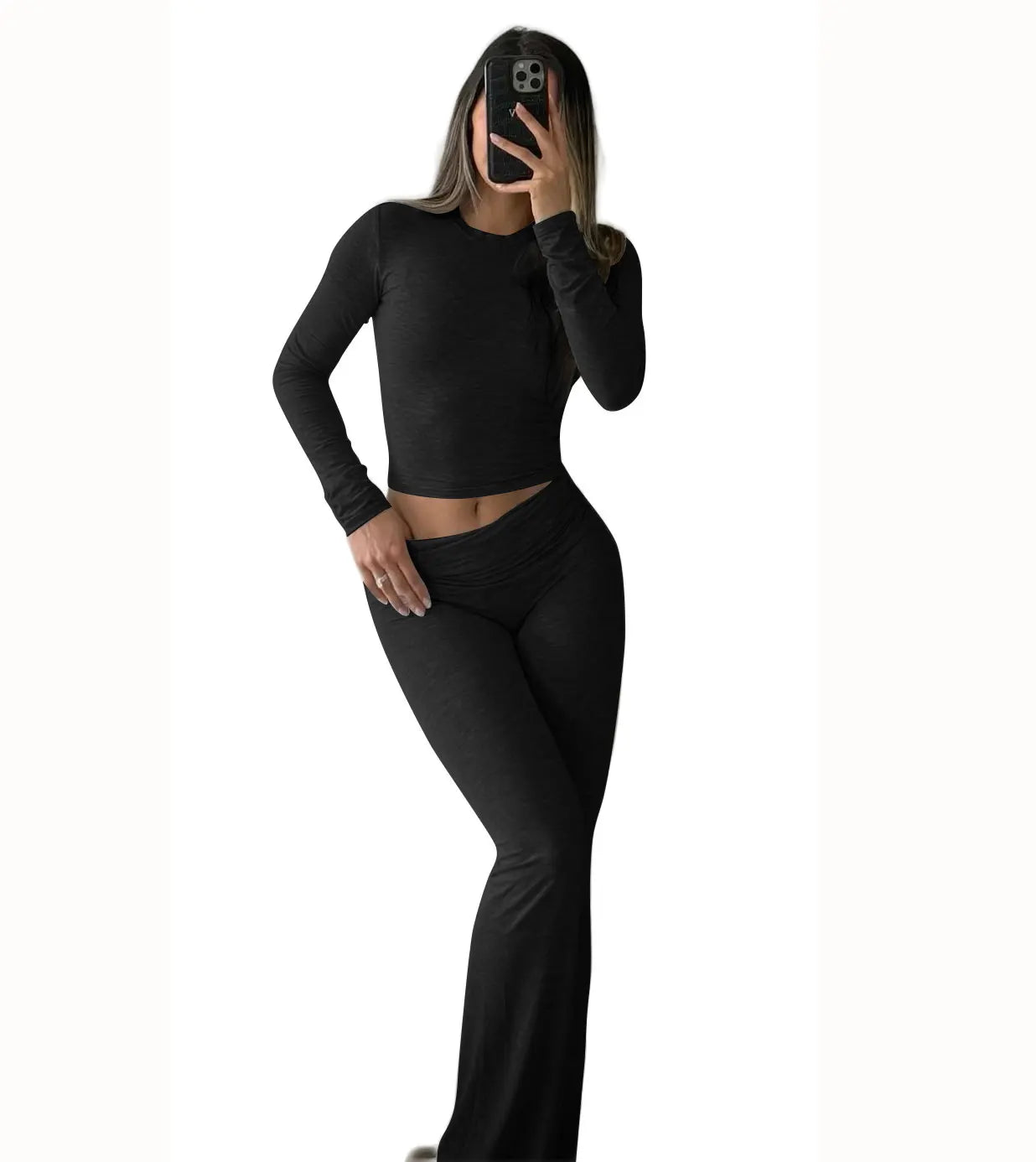 Women's Yoga Two-Piece Set Long-Sleeve Wide-Leg Activewear Set.