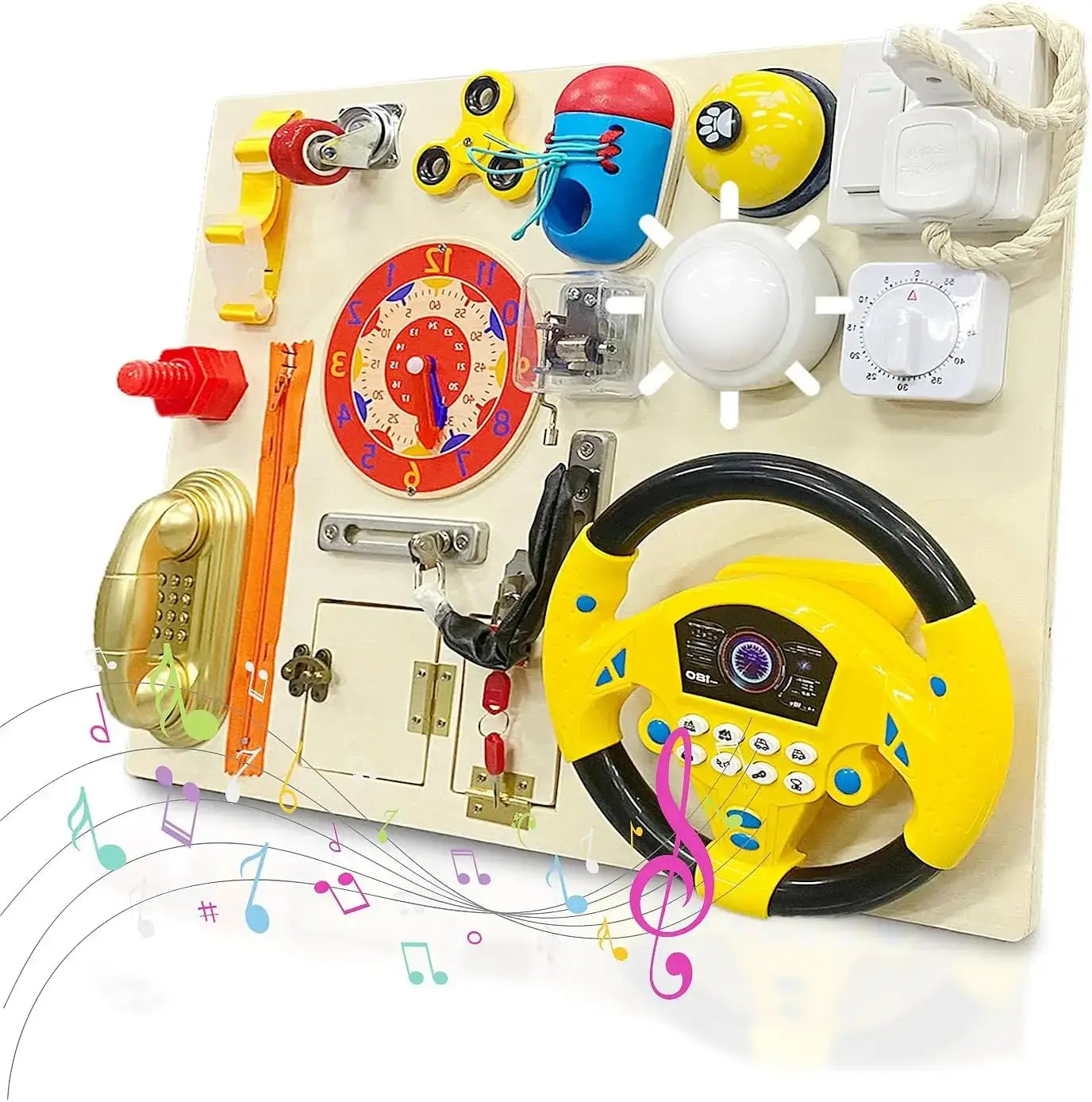 Montessori Wooden Activity Board for Toddlers featuring colorful sensory elements and interactive toys.