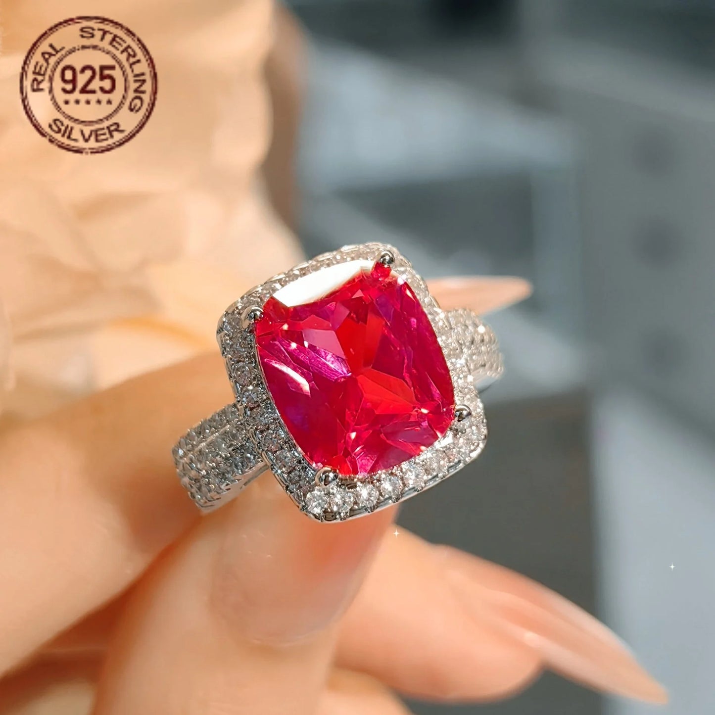 Luxury 925 Silver Princess Cut Ruby Zircon Ring For Women .