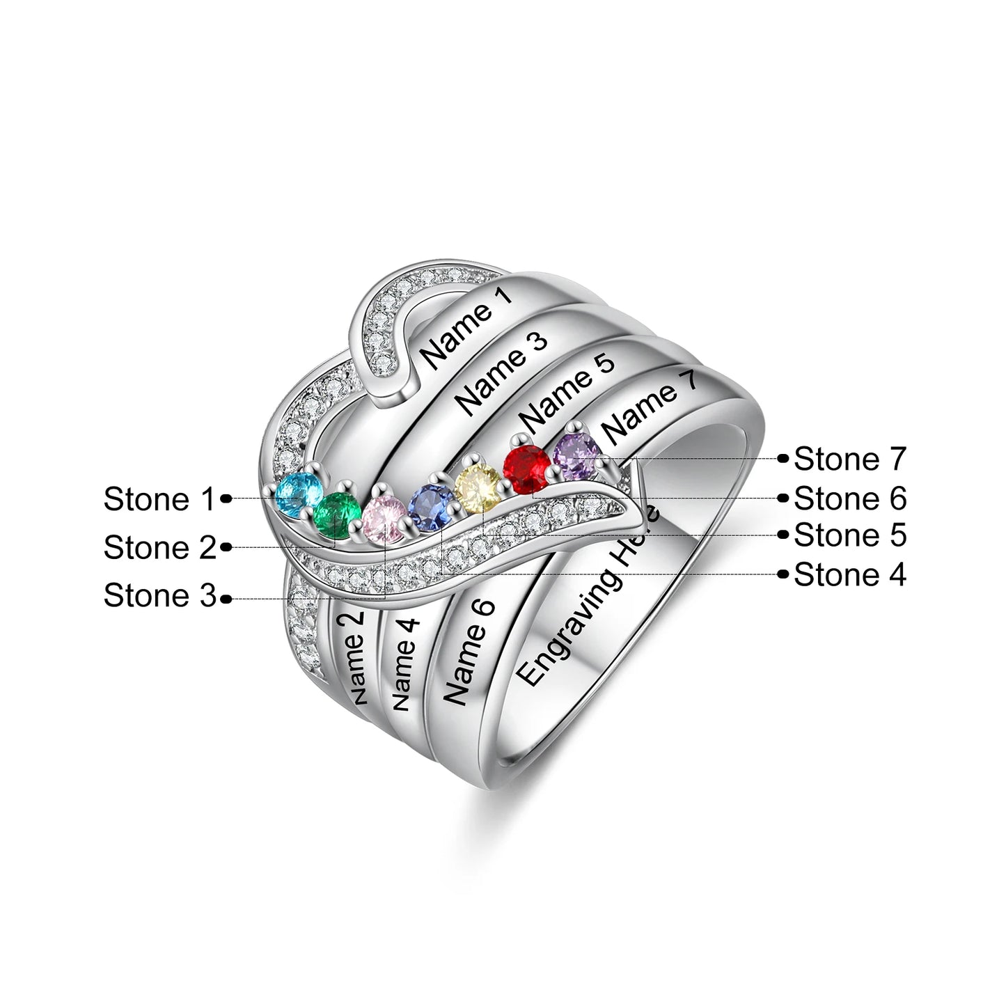 Custom 925 Sterling Silver Personalized 1-8 Name Engraved Ring with Birthstone.