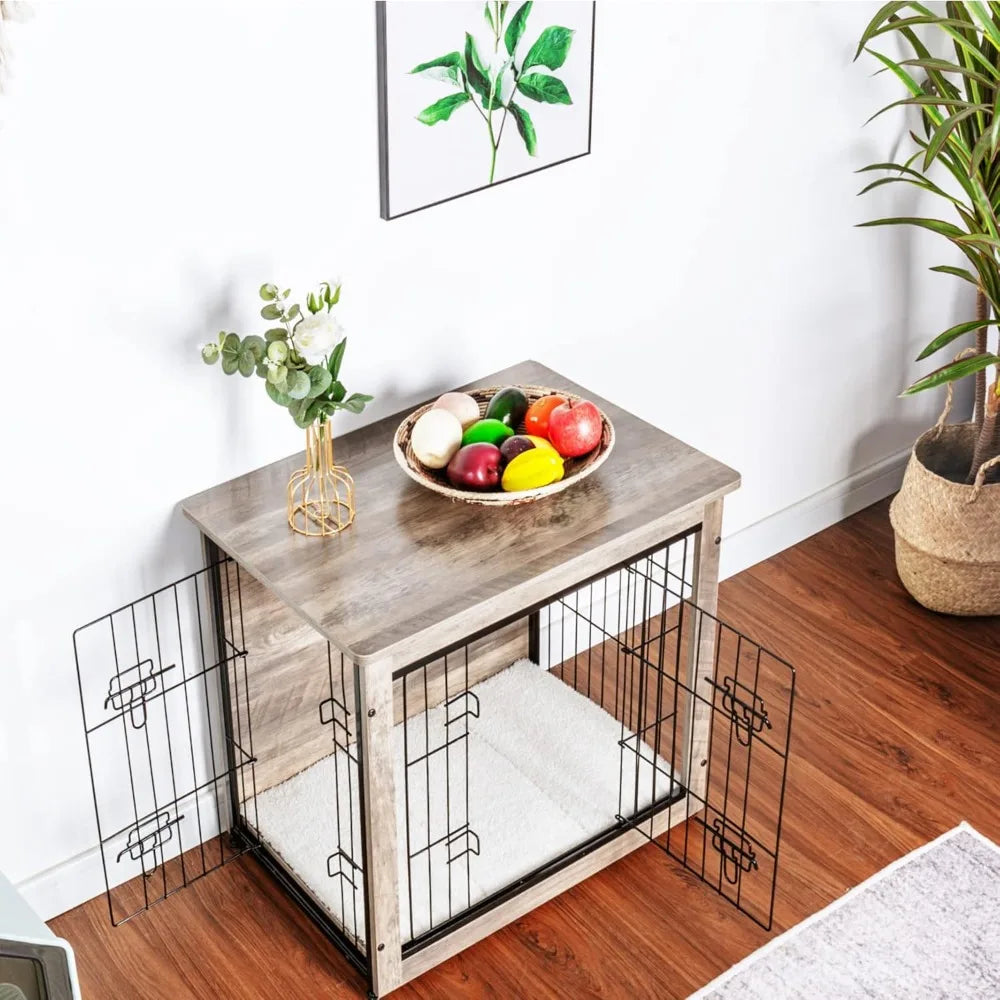 Double Door Dog Crate with Cushion & Wooden Kennel Table .