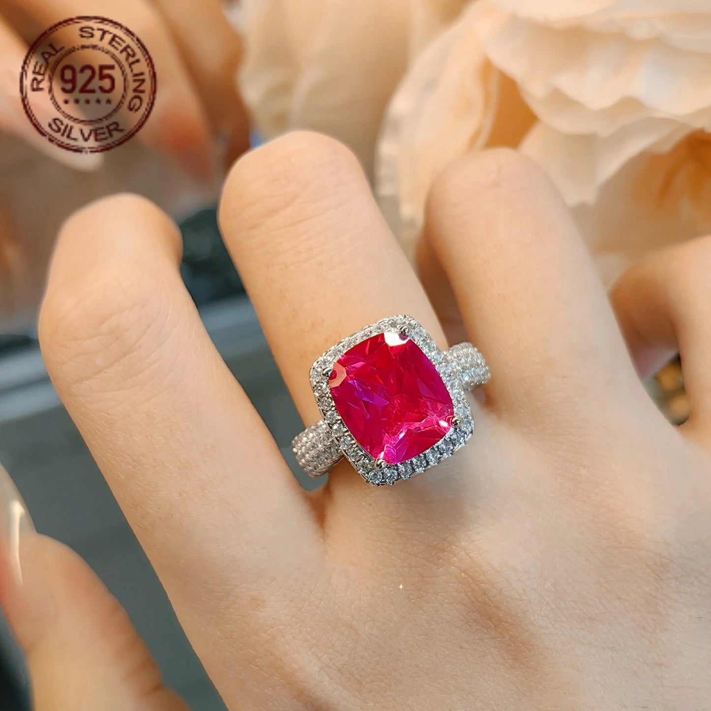 Luxury 925 Silver Princess Cut Ruby Zircon Ring For Women .