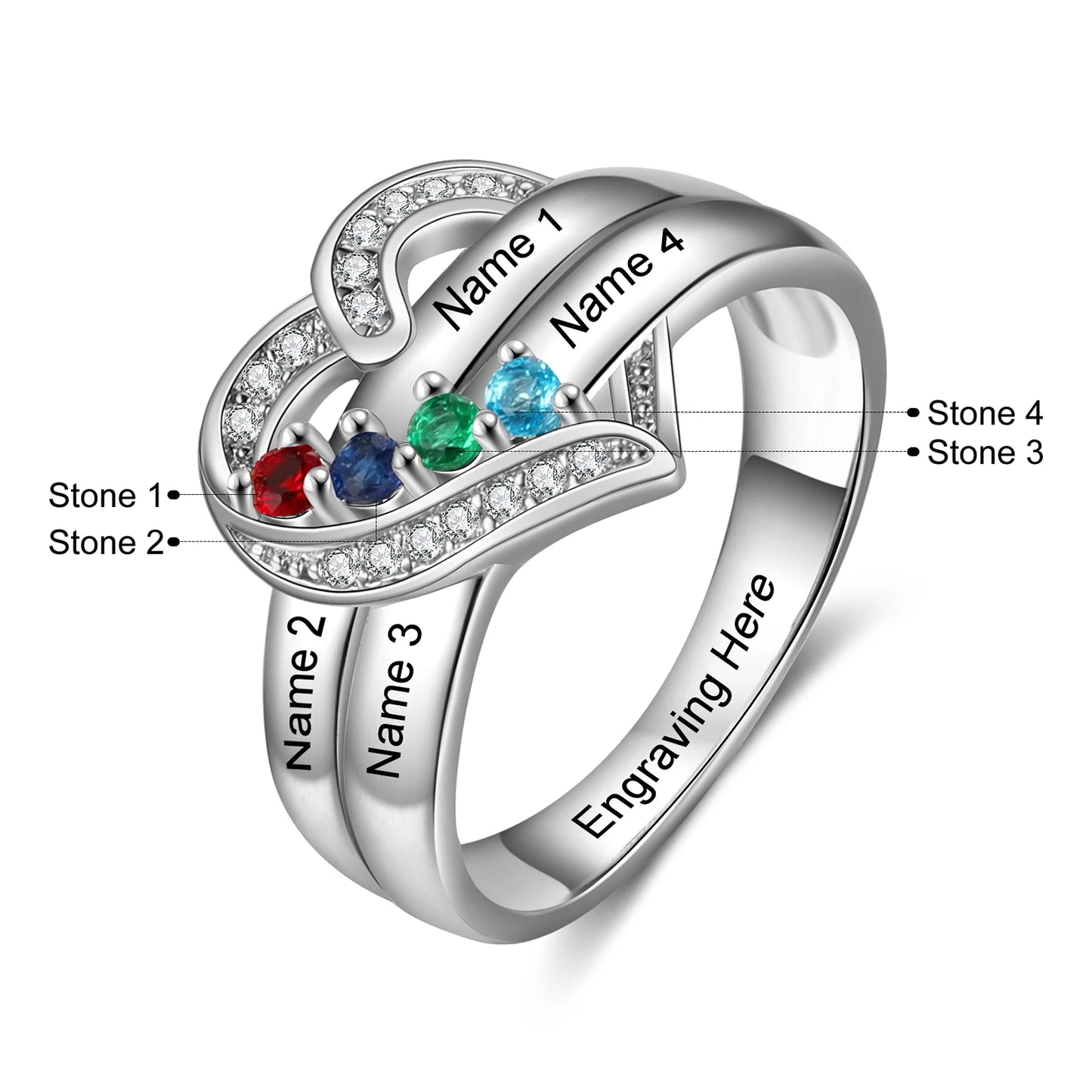 Custom 925 Sterling Silver Personalized 1-8 Name Engraved Ring with Birthstone.