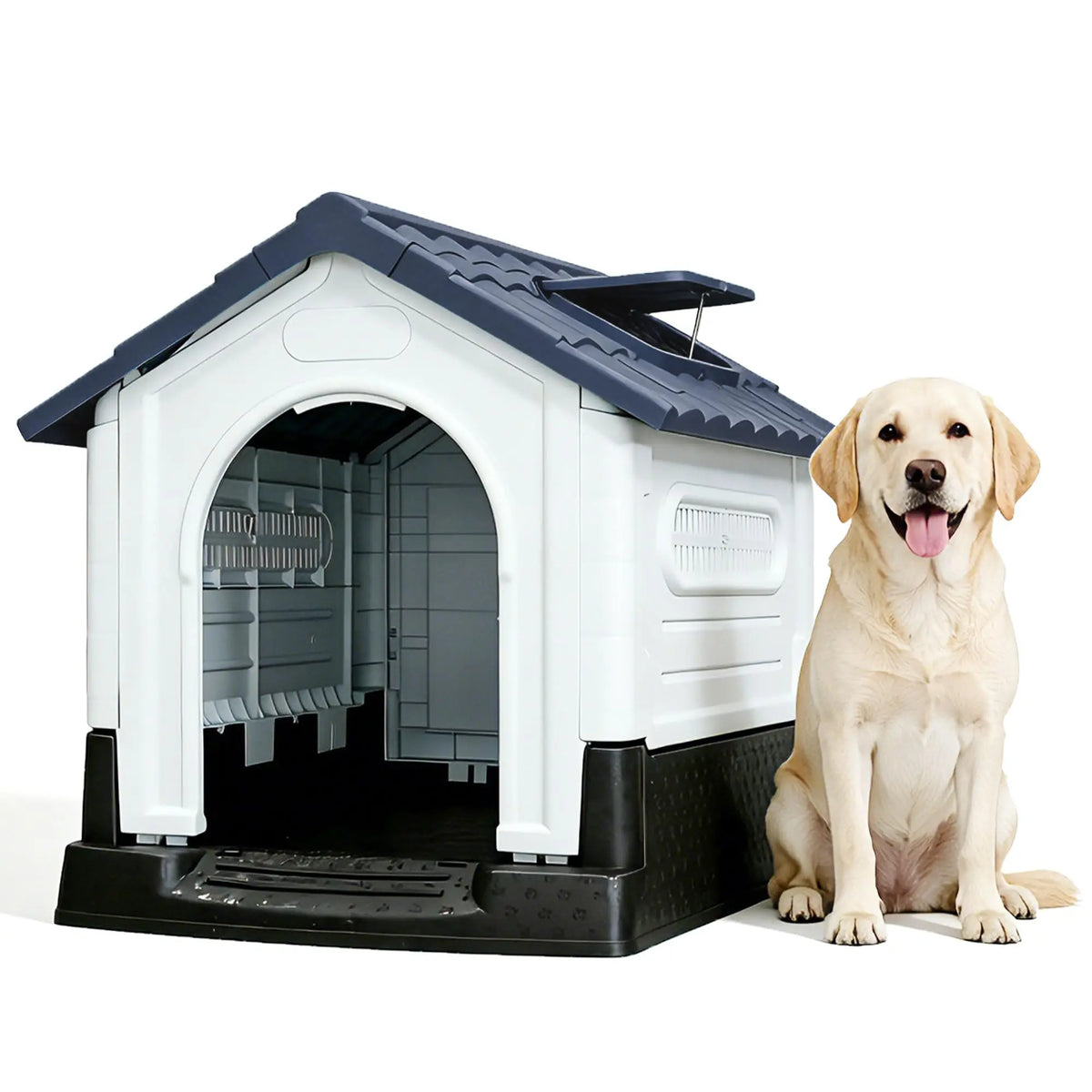 Waterproof 2-Door Dog House, Grey With Elevated Base, For Indoor/Outdoor Use.