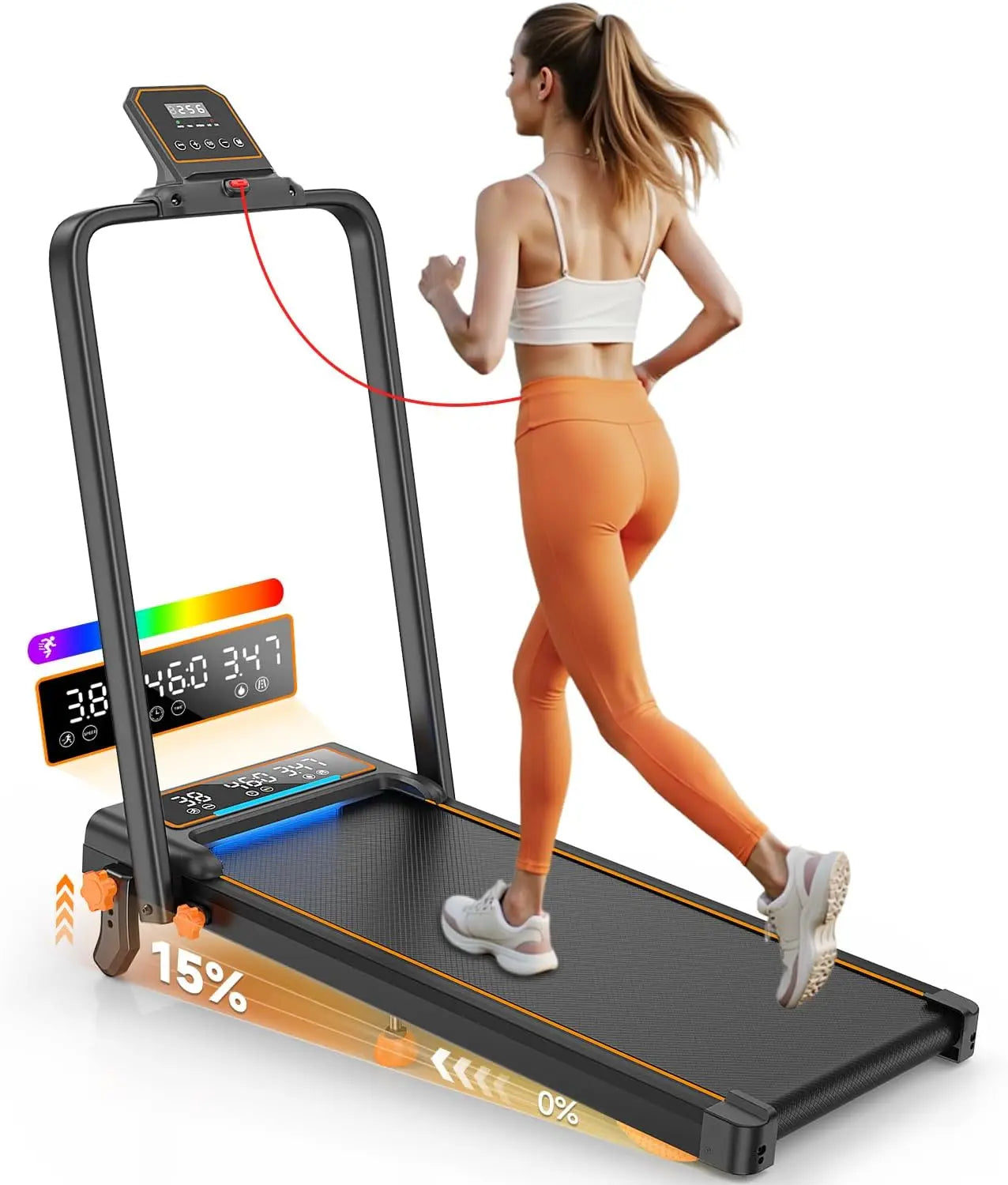 Treadmill Walking Pad with 15% Incline/Handle Bar/2 LED Display & Foldable .
