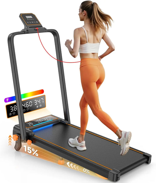 Treadmill Walking Pad with 15% Incline/Handle Bar/2 LED Display & Foldable .