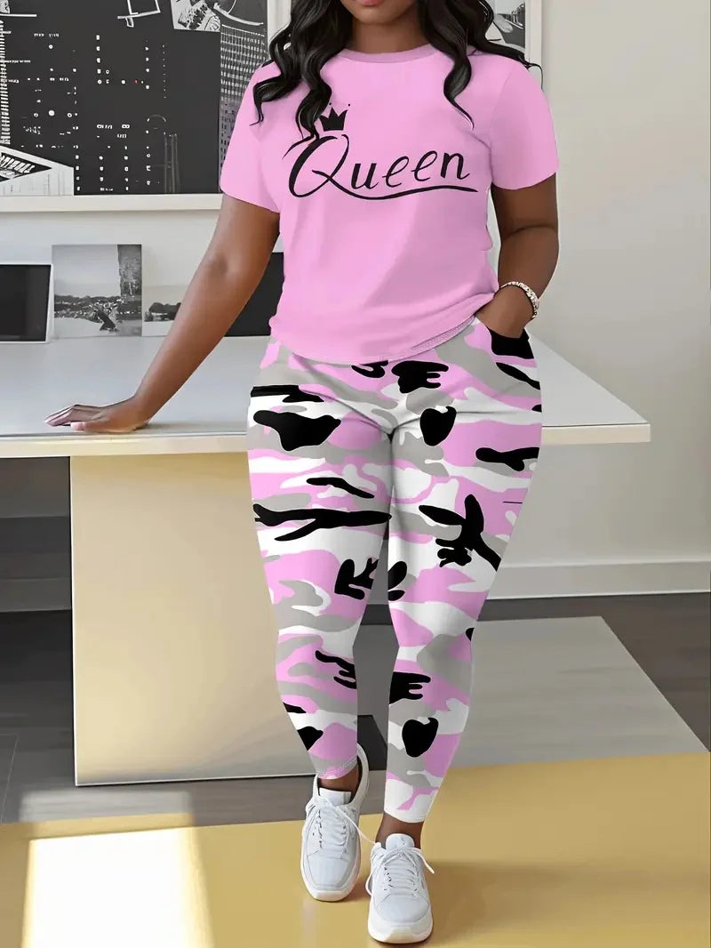 Plus Size Women's Casual Suit, Fashion Letter Print Shirt  & Camouflage Pants.