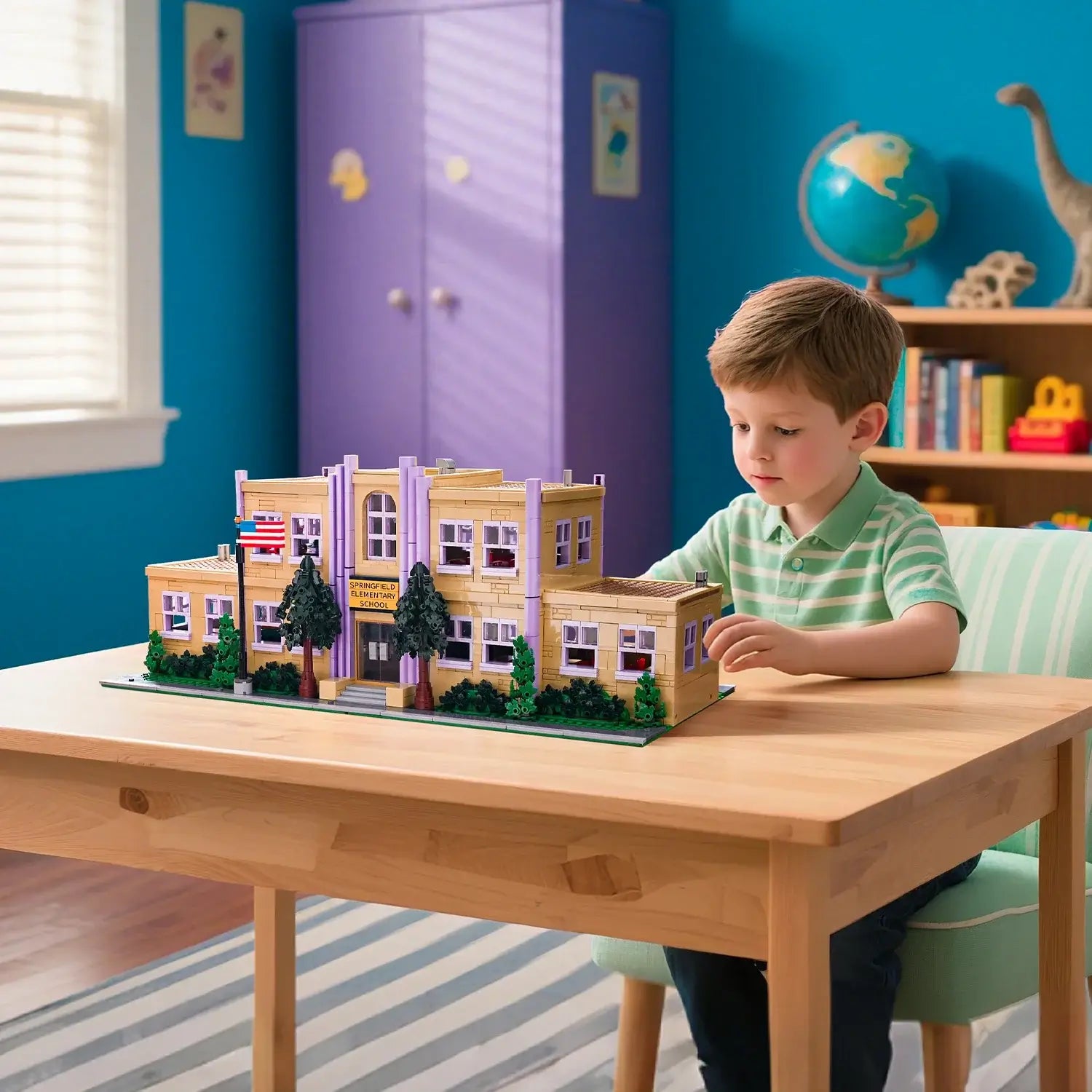 Boy playing with Springfield School Building Blocks Set on a table in a colorful room.