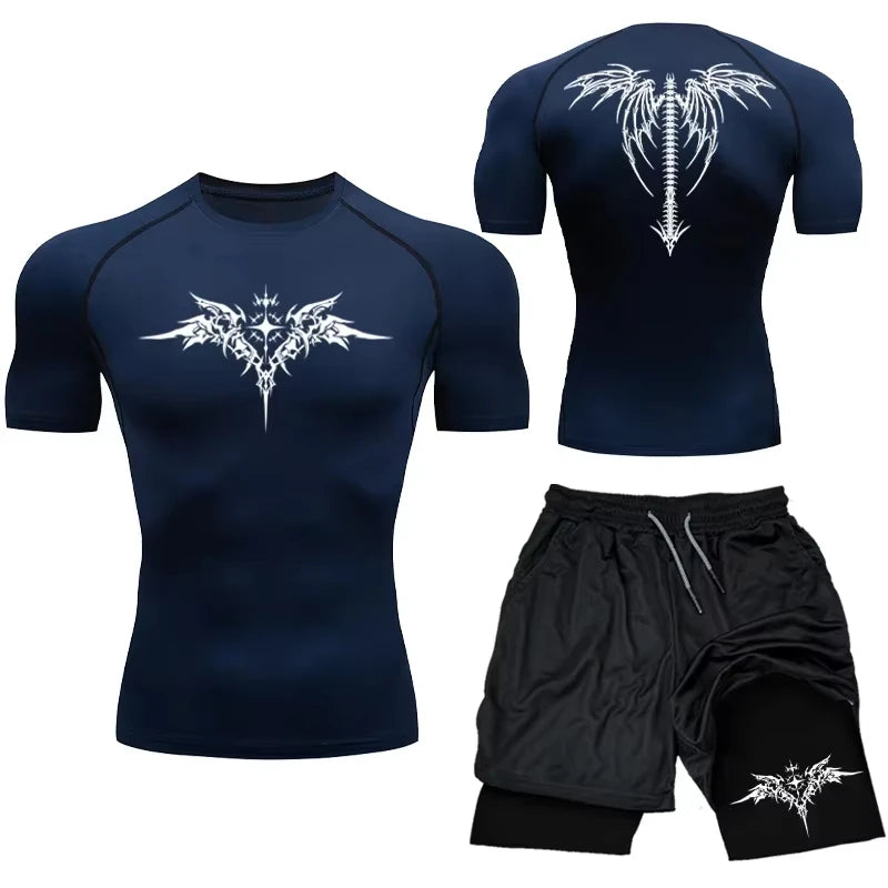 Men's MMA Compression Athletic Set - Quick-Dry Gym Shorts + Running Workout Tight .