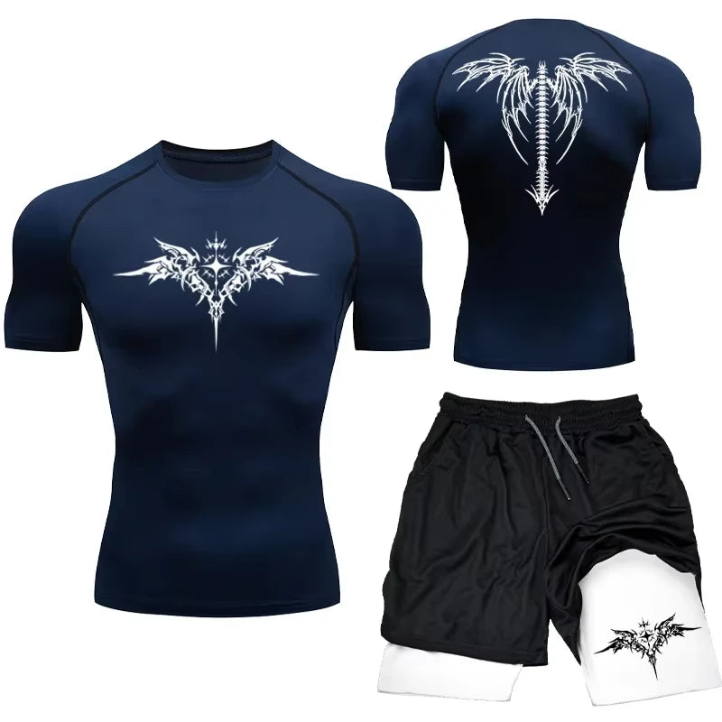 Men's MMA Compression Athletic Set - Quick-Dry Gym Shorts + Running Workout Tight .