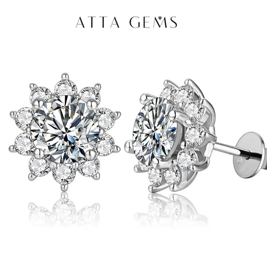 Snowflake stud earrings made of 925 Sterling Silver and  6.5mm 1.0 Carat diamond Moissanite.