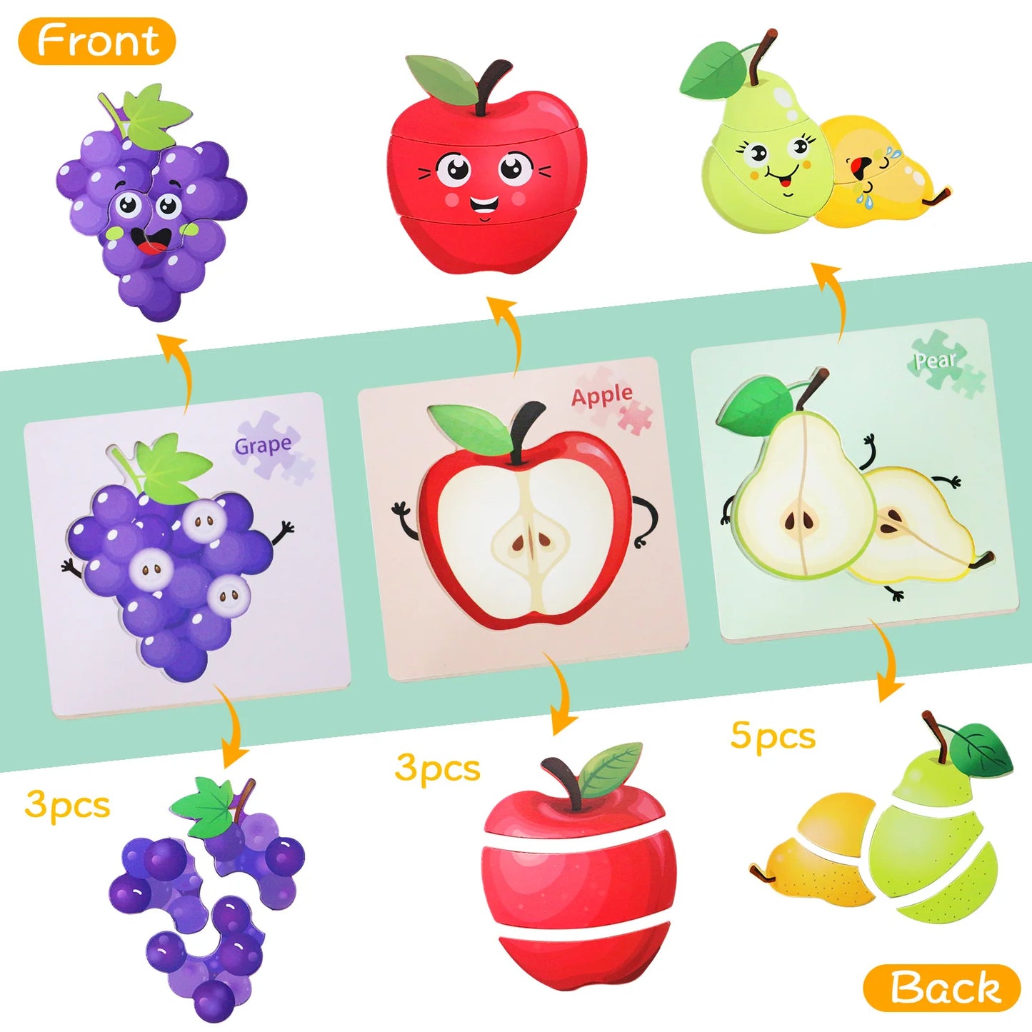 Six -piece fruit wooden two-sided jigsaw puzzle for toddlers.