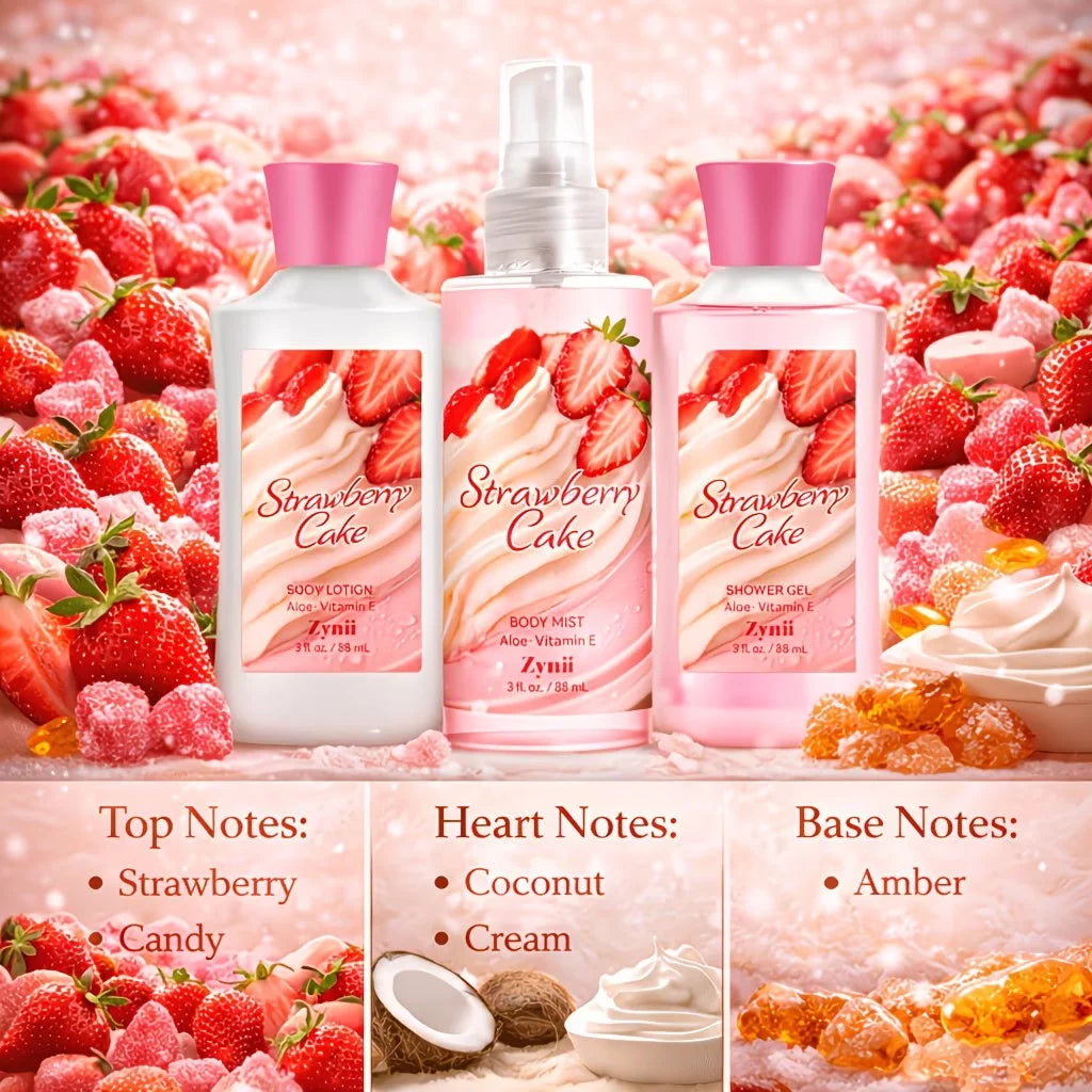 ZYNII Strawberry Cake, Peach And Rose Bath Set.