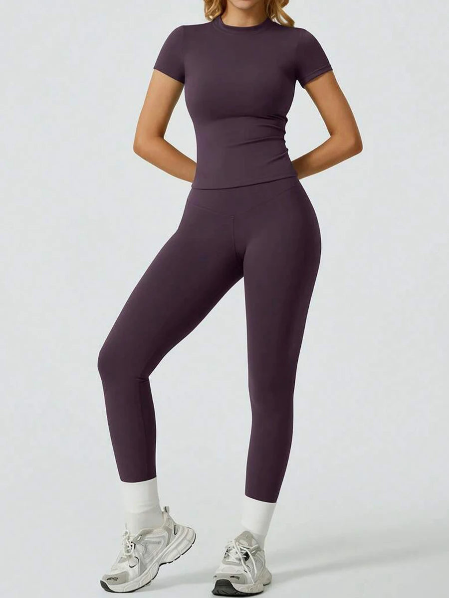 Two  Piece Yoga Set, Short Sleeve Top & High Waist Leggings For Women.