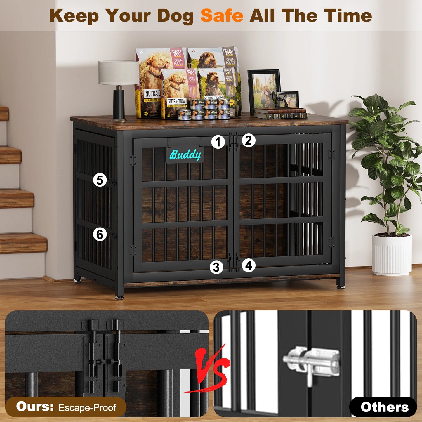 Indoor Dog Crate Furniture With Casters  For Large and Medium Dogs.