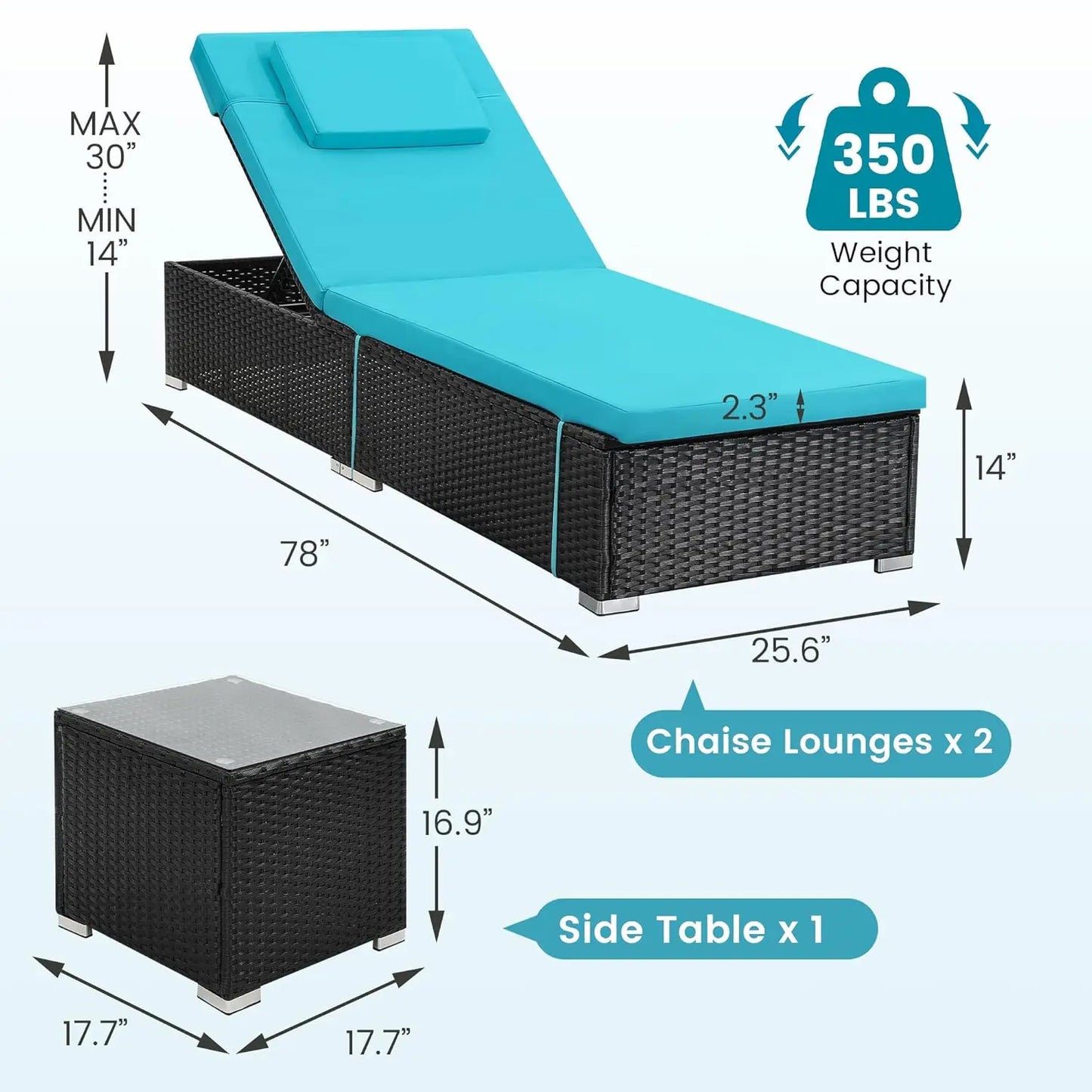 All-Weather Wicker Adjustable Chaise Lounge Set w/ Side Table, Washable Cushion for Patio & More.
