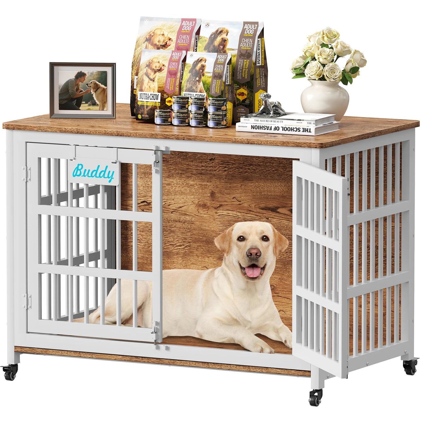 Indoor Dog Crate Furniture With Casters  For Large and Medium Dogs.