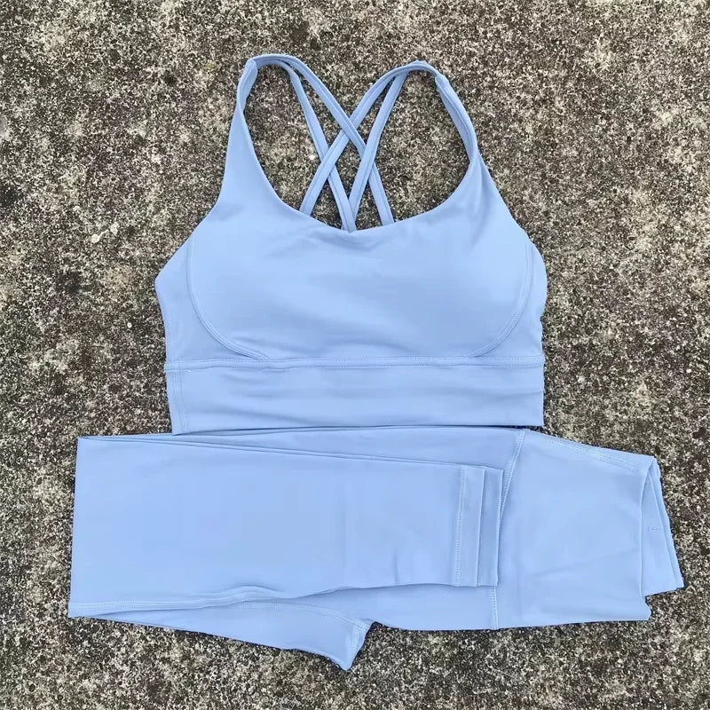 Tight Soft Cross Fitness Bra & Compression High Waist Yoga Legging For Fitness Training.