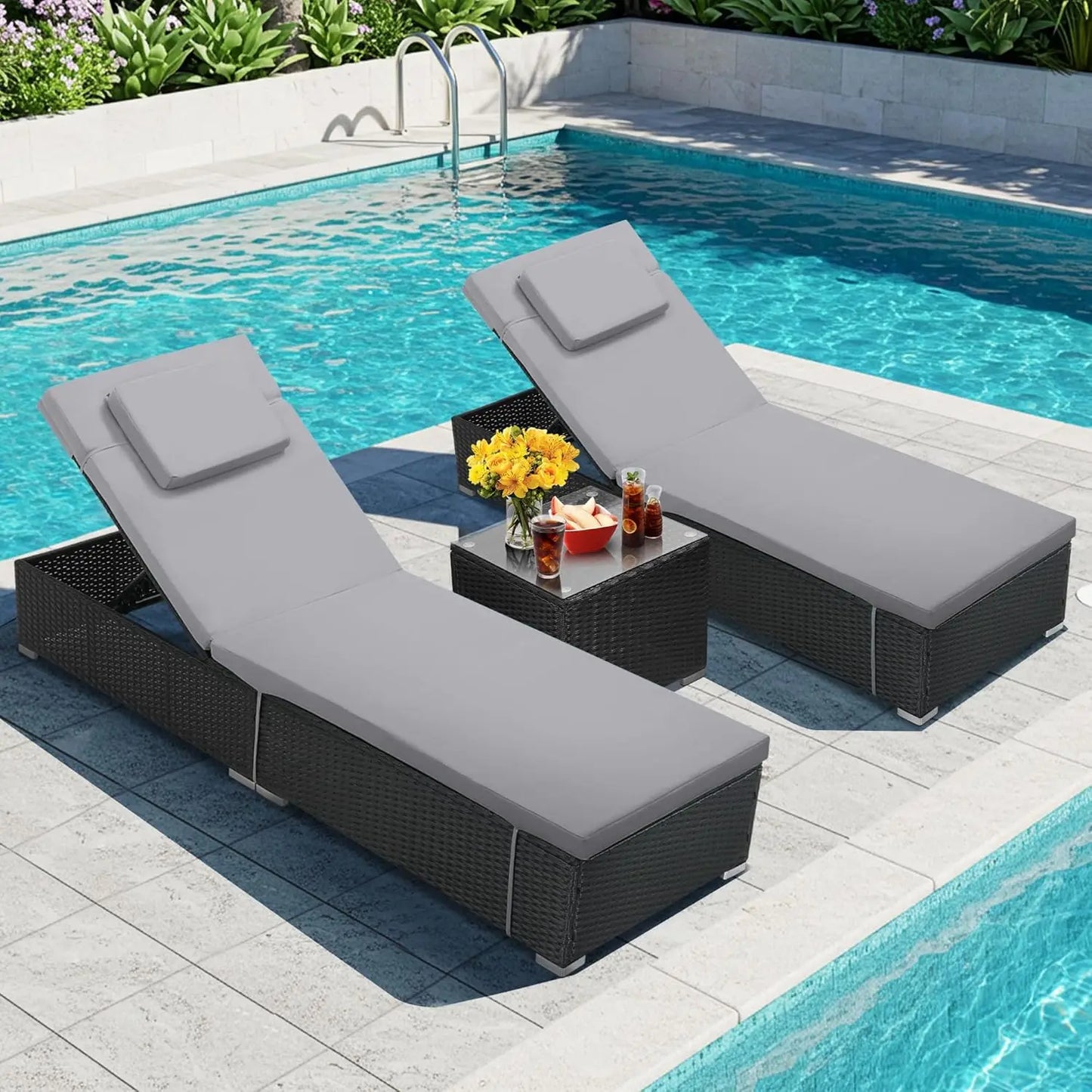 All-Weather Wicker Adjustable Chaise Lounge Set w/ Side Table, Washable Cushion for Patio & More.