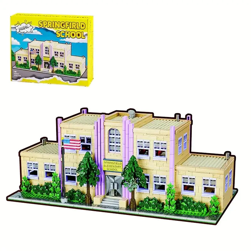 Springfield School Building Blocks Set displayed with box, featuring a detailed school building model with trees and flag.